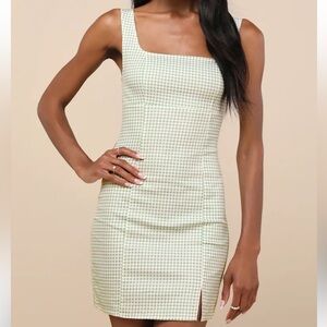 Lulu’s Happy Chance Sage Green Gingham Square Neck Mini Dress